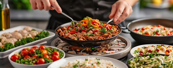Obraz premium Closeup of a hand serving a delicious meal from a skillet with various side dishes.