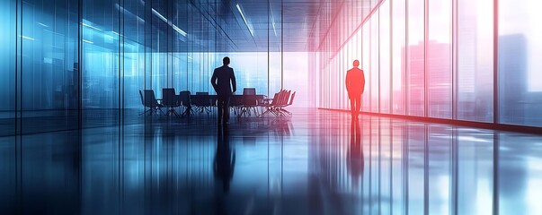 Two Silhouettes of Businessmen in a Modern Office with Glass Walls and Cityscape View - 3D Illustration