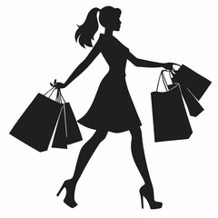 Shopping girl silhouette set. woman holding shopping bag silhouette vector black on isolated on a white background