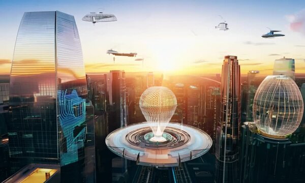 3d view of future city with sunset and clear sky background