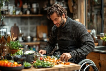 Young Healthy Man in Wheelchair Doing Dishes at Kitchen Counter – Real Photograph of Everyday Accessibility

