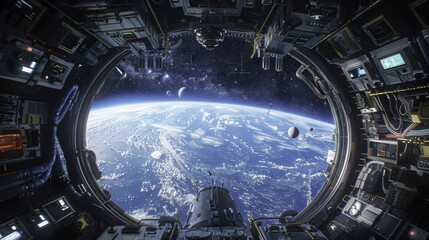 Spaceship Window View of Earth and Stars