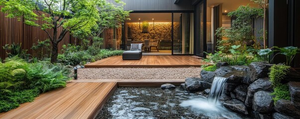 Residential outdoor space with a wooden deck, greenery, and a water feature, offering a peaceful retreat that connects residents with nature