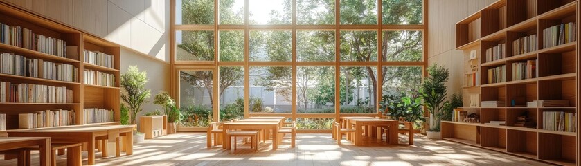 School classroom with large windows, plants, and natural wood furnishings, illustrating how biophilic design can enhance learning and creativity