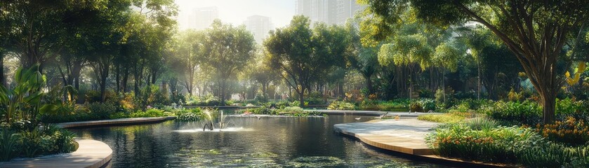 Fototapeta premium Urban park with walking paths, water features, and a variety of plants, providing a natural oasis in the city and showcasing public biophilic spaces
