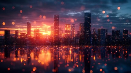 Fototapeta premium Cityscape at Sunset with Glowing Lights and Bokeh Effect - 3D Illustration