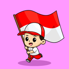 Cute Boys Running with Indonesian Flag Cartoon Ilustration