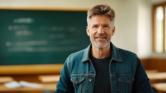 Confident male teacher smiles in classroom, embodying professionalism and approachability in an educational setting.