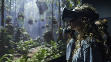 Woman Experiencing VR in a Virtual Forest
