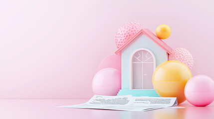 Whimsical house decor with soft colors, featuring playful spheres and a charming design, perfect for home or lifestyle concepts.