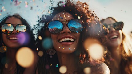 Joyful friends celebrating together with colorful confetti, wearing stylish sunglasses, captured in a vibrant outdoor setting.