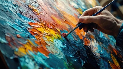 Artist painting a colorful abstract piece on a large canvas, illustrating the dynamic process of creativity