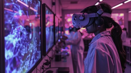 Obraz premium Woman in Lab Coat Uses VR Headset in Purple Lit Room