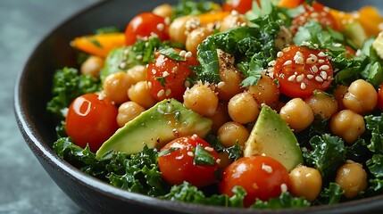 Close Up of a Bowl of Fresh Salad with Chickpeas, Kale, Avocado, and Tomatoes - Food Photography