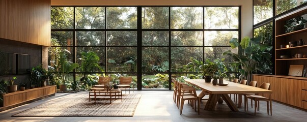 Fototapeta premium Dining area with a wall of windows facing a natural landscape, wooden table and chairs, and indoor plants, creating a harmonious connection with nature