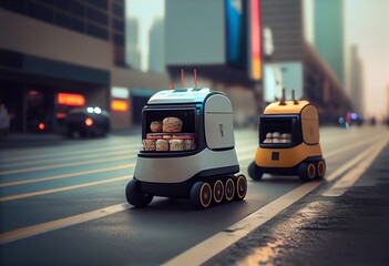 Fototapeta premium Autonomous robots deliver food to customers on road in city