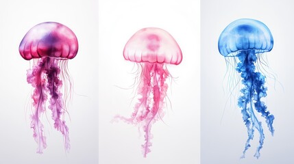 Naklejka premium Ethereal Watercolor Jellyfish: Delicate Marine Creatures with Transparent Design, generative Ai