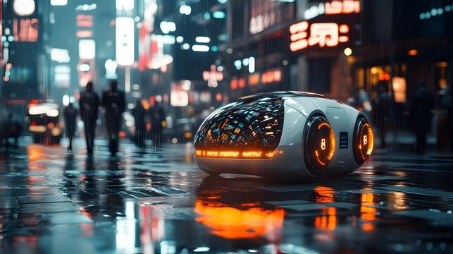 Futuristic Self-Driving Car in a Rainy Neon City - 3D Illustration