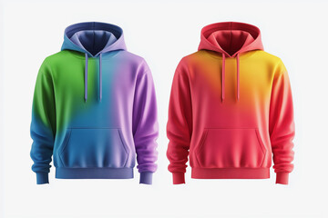 Two colorful hoodies with a rainbow design. One is red and yellow, the other is blue and green