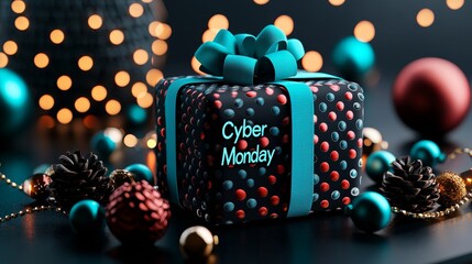 A dark, neon-themed social media post advertising "Cyber Monday" tech deals with glowing effects.