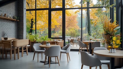 A cozy restaurant interior featuring modern furniture and vibrant autumn foliage outside, creating a serene dining atmosphere. autumn scene concept.