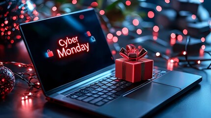 A dark, neon-themed social media post advertising "Cyber Monday" tech deals with glowing effects.