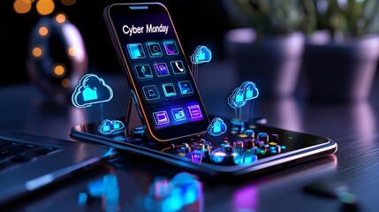 A dark, neon-themed social media post advertising "Cyber Monday" tech deals with glowing effects.