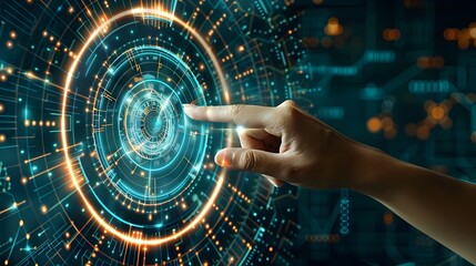 Hand Interacting with Futuristic Interface.