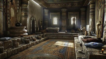 Ancient Egyptian Chamber Interior with Stone Pillars and Carpet