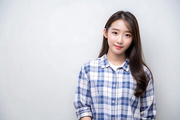 Fototapeta premium Young woman in blue plaid shirt looking at the camera.
