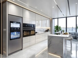 Modern Kitchen Interior Design with Marble Countertops and Smart Appliances 3D Illustration