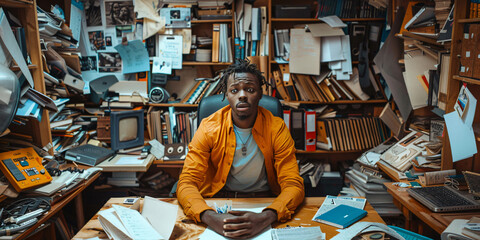 A man sits at a messy desk in an office surrounded by stacks of paper, folders, and books.