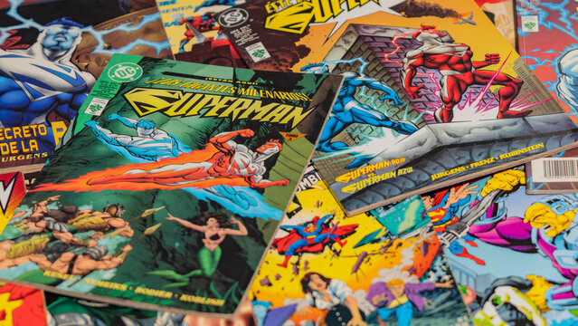 Guayaquil, Ecuador - AUG 10, 2024: Superman vintage comic book collection showing comic book covers. Covers of a variety of Marvel and DC comic books.