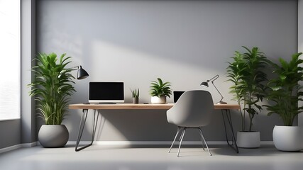 Workspace concept: a modern office setting with a desk, computer, and plant, with a minimalist design on a grey background. 3D Production