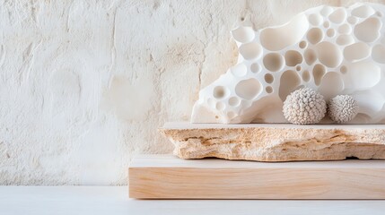 Obraz premium Artistic display of organic shapes and textures on a wooden surface, featuring delicate stones framed by a soft background. Buying green Concept.