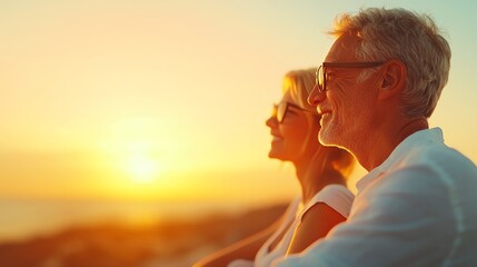 Fototapeta premium A joyful couple enjoying a peaceful sunset, radiating love and happiness in a serene beach setting.