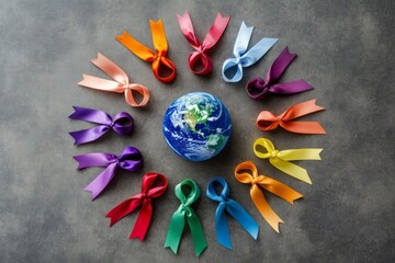 Global Unity in Diversity: A Circular Array of Colorful Awareness Ribbons with a Globe at the Center, A Bird's Eye View Symbolizing International Solidarity and Cultural Harmony