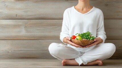 A serene scene of a person meditating with a bowl of fresh vegetables, promoting healthy eating and mindfulness.