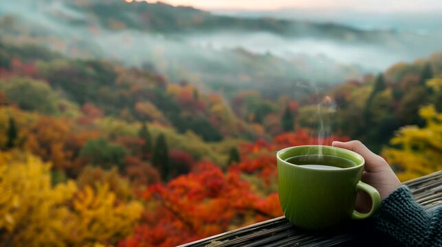 A cup of green tea in hand overlooking a landscape painted in the hues of fall . Looping 4k video animation background