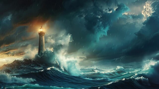 storm at sea, lighthouse with big waves crashing middle ocean