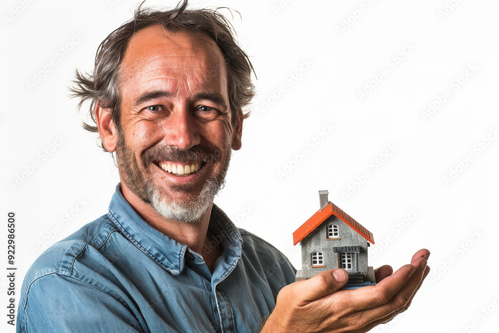 Wall mural a man is holding a small house in his hands and smiling