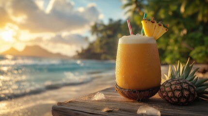 Refreshing Tropical Pineapple Cocktail in a Coconut Shell with Ice on a Wooden Table by the Beach, Surrounded by Scenic Ocean View and Palm Trees During a Summer Sunset