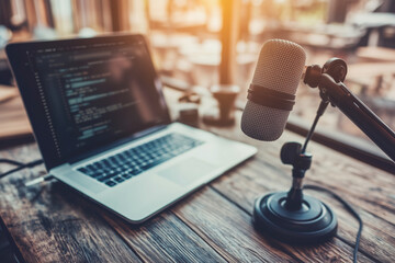 laptop computer is open to a screen with code on it. A microphone is on a stand next to the laptop
