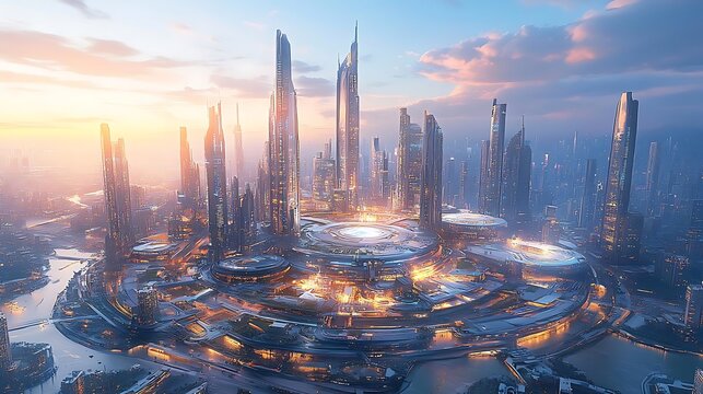 Futuristic Cityscape Illustration at Sunset