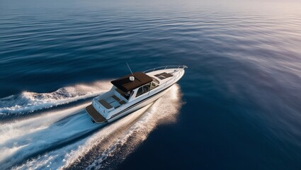Fototapeta premium A speedboat is sailing at high speed on the sea during sunset.