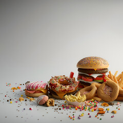 Free photo high angle of fast food on white table,
Tempting Junk sweet food plate 
