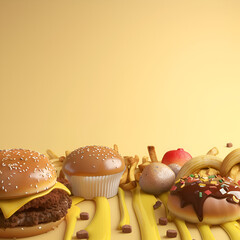 Free photo high view fast food on table,
Fast food hamburger french fries donuts and cola

