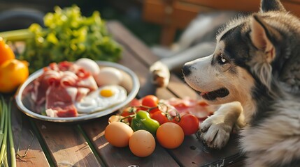 Barf diet is a healthy natural organic dog food dogs paws in home yard background with a plate uncooked eggs vegetables and meat