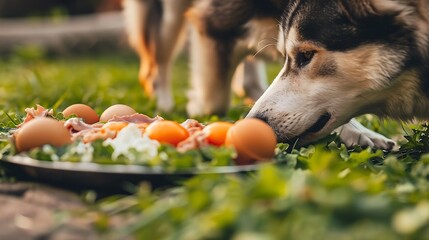 Barf diet is a healthy natural organic dog food dogs paws in home yard background with a plate uncooked eggs vegetables and meat