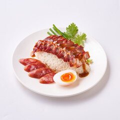 Red pork and crispy pork rice with Chinese sausage and egg on a white plate.